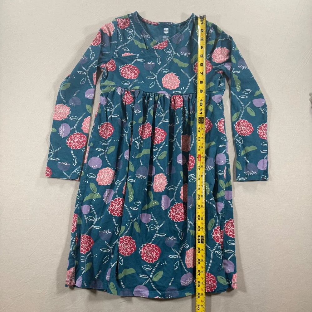 Tea Collection Girls‎ Teal Pink Floral Long Sleeve Empire Waist Dress 10